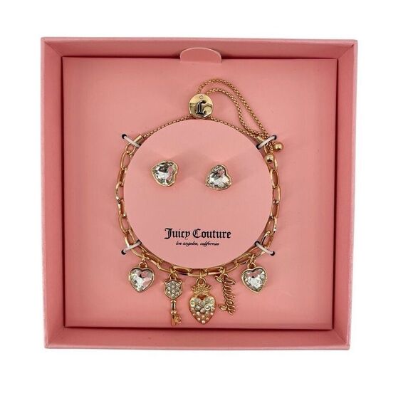 Juicy Couture Gold Charm Bolo Bracelet & Earring Set – Adjustable, New in Box - Picture 1 of 6